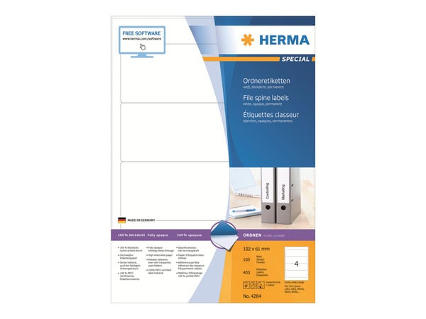 HERMA Special - Papper - matt - permanent självhäftande - vit - 192 x 61 mm 400 etikett (er) (100 ark x 4) ogenomskinliga pärmetiketter