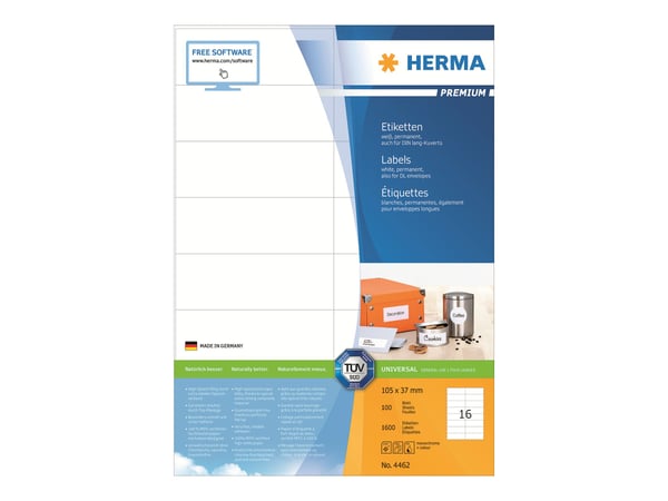 HERMA Premium - Papir - matt - permanent selv-adhesiv - hvit - 105 x 37 mm 1600 etikett(er) (100 ark x 16) laminerte etiketter