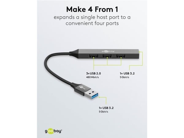 Goobay 74456, USB 3.2 Gen 1 (3.1 Gen 1) Type-A, USB 2.0 Type-A, USB 3.2 Gen 1 (3.1 Gen 1) Type-A, 5000 Mbit/s, Lysegrå, Aluminium, 0,1 m