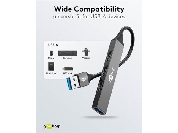 Goobay 74456, USB 3.2 Gen 1 (3.1 Gen 1) Type-A, USB 2.0 Type-A, USB 3.2 Gen 1 (3.1 Gen 1) Type-A, 5000 Mbit/s, Lysegrå, Aluminium, 0,1 m