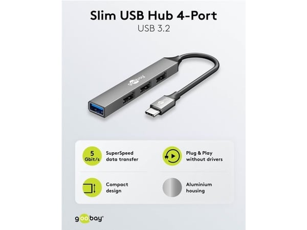 Goobay 74457, USB 3.2 Gen 1 (3.1 Gen 1) Type-C, USB 2.0 Type-A, USB 3.2 Gen 1 (3.1 Gen 1) Type-A, 5000 Mbit/s, Lysegrå, Aluminium, 0,1 m