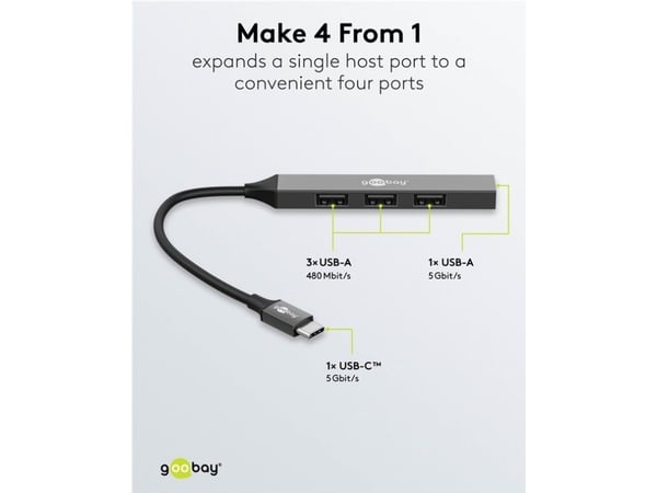 Goobay 74457, USB 3.2 Gen 1 (3.1 Gen 1) Type-C, USB 2.0 Type-A, USB 3.2 Gen 1 (3.1 Gen 1) Type-A, 5000 Mbit/s, Lysegrå, Aluminium, 0,1 m