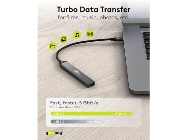 Goobay 74457, USB 3.2 Gen 1 (3.1 Gen 1) Type-C, USB 2.0 Type-A, USB 3.2 Gen 1 (3.1 Gen 1) Type-A, 5000 Mbit/s, Lysegrå, Aluminium, 0,1 m
