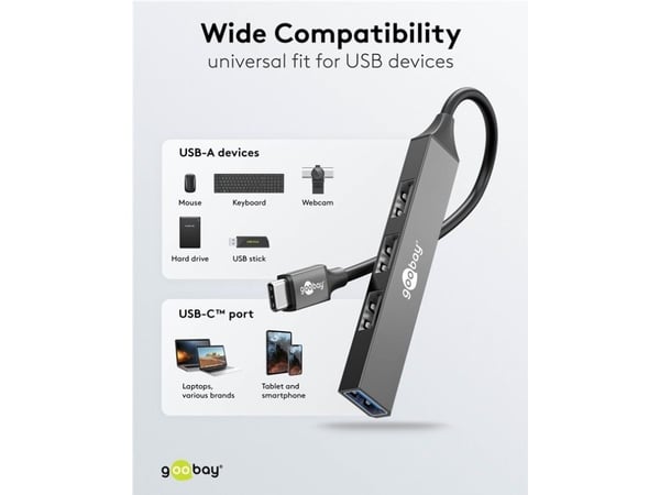 Goobay 74457, USB 3.2 Gen 1 (3.1 Gen 1) Type-C, USB 2.0 Type-A, USB 3.2 Gen 1 (3.1 Gen 1) Type-A, 5000 Mbit/s, Lysegrå, Aluminium, 0,1 m