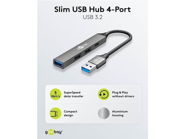Goobay 74458, USB 3.2 Gen 1 (3.1 Gen 1) Type-A, USB 2.0 Type-A, USB 3.2 Gen 1 (3.1 Gen 1) Type-A, USB Type-C, 5000 Mbit/s, Lysegrå, Aluminium, 0,1 m