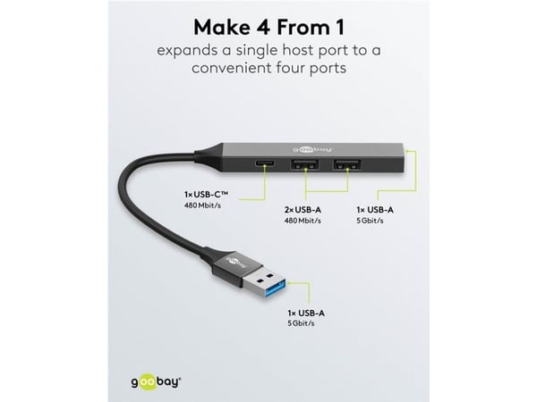 Goobay 74458, USB 3.2 Gen 1 (3.1 Gen 1) Type-A, USB 2.0 Type-A, USB 3.2 Gen 1 (3.1 Gen 1) Type-A, USB Type-C, 5000 Mbit/s, Lysegrå, Aluminium, 0,1 m