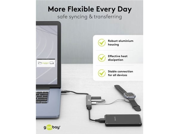 Goobay 74458, USB 3.2 Gen 1 (3.1 Gen 1) Type-A, USB 2.0 Type-A, USB 3.2 Gen 1 (3.1 Gen 1) Type-A, USB Type-C, 5000 Mbit/s, Lysegrå, Aluminium, 0,1 m