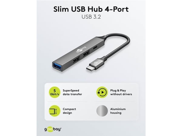 Goobay 74459, USB 3.2 Gen 1 (3.1 Gen 1) Type-C, USB 2.0 Type-A, USB 3.2 Gen 1 (3.1 Gen 1) Type-A, USB Type-C, 5000 Mbit/s, Lysegrå, Aluminium, 0,1 m