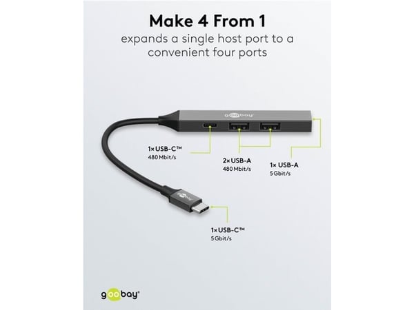 Goobay 74459, USB 3.2 Gen 1 (3.1 Gen 1) Type-C, USB 2.0 Type-A, USB 3.2 Gen 1 (3.1 Gen 1) Type-A, USB Type-C, 5000 Mbit/s, Lysegrå, Aluminium, 0,1 m