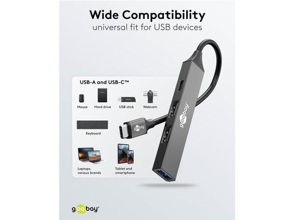 Goobay 74459, USB 3.2 Gen 1 (3.1 Gen 1) Type-C, USB 2.0 Type-A, USB 3.2 Gen 1 (3.1 Gen 1) Type-A, USB Type-C, 5000 Mbit/s, Lysegrå, Aluminium, 0,1 m