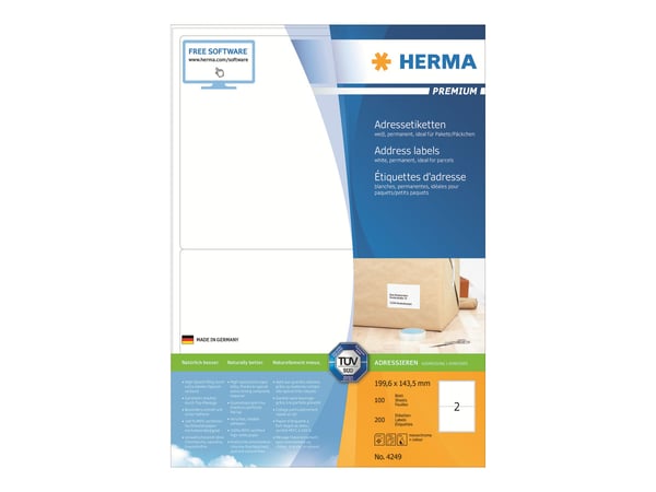 HERMA Premium - Papir - matt - permanent selv-adhesiv - hvit - 199.6 x 143.5 mm 200 etikett(er) (100 ark x 2) laminerte adresseetiketter