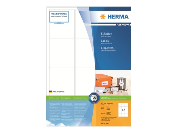 HERMA Premium - Papir - matt - permanent selv-adhesiv - hvit - 63.5 x 72 mm 1200 etikett(er) (100 ark x 12) laminerte etiketter