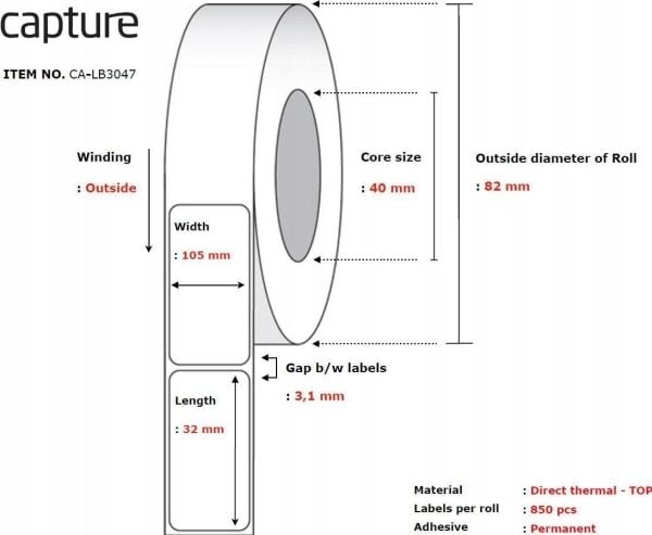 Capture - Permanet adhesiv - toppbelagt - hvit - 105 x 32 mm 23800 etikett(er) (28 rull(er) x 850) boks - merkelapper