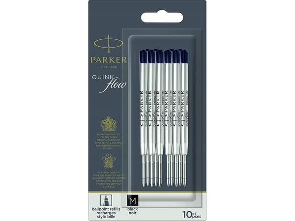 Parker Quinkflow, musta, Keskikokoinen, musta, Hopea, Kuulakärkikynä, 10 kpl, Kupla