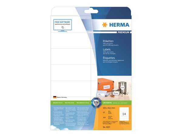 HERMA Premium - Papir - matt - permanent selv-adhesiv - hvit - 105 x 42.3 mm 350 etikett(er) (25 ark x 14) laminerte etiketter