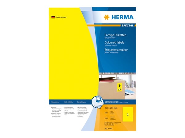 HERMA Spesial - Papir - matt - permanent selvklebende - gul - A4 (210 x 297 mm) 100 etikett(er) (100 ark x 1) etiketter