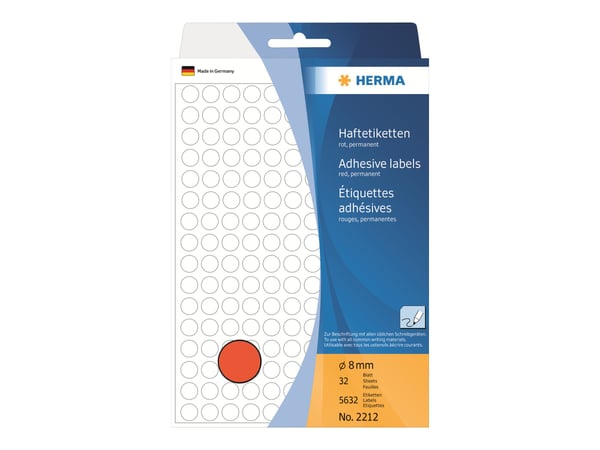 HERMA - Permanet adhesiv - rød - 8-mm rund 5632 etikett(er) (32 ark x 176) merkelapper