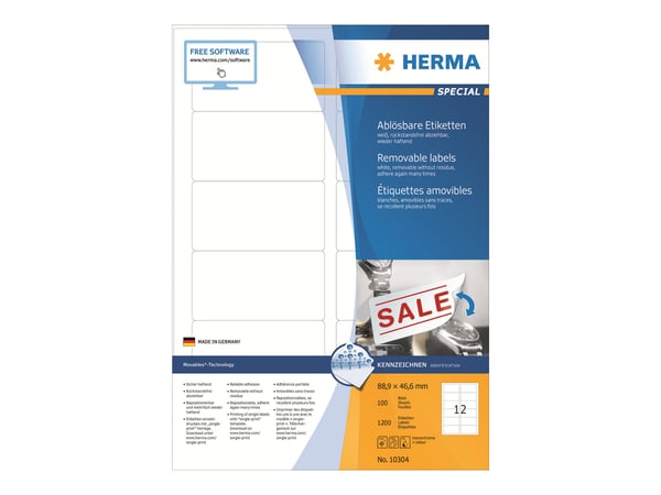HERMA Special - Papper - matt - borttagbar självhäftning - vit - 88.9 x 46.6 mm 1200 etikett (er) (100 ark x 12) etiketter