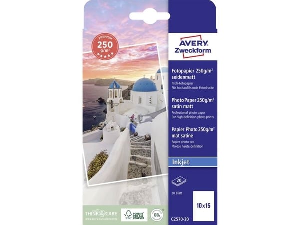 Avery C2570-20, Sateng-matt, 250 g/m², Blekkdyse, 10x15 cm, Hvit, 20 ark