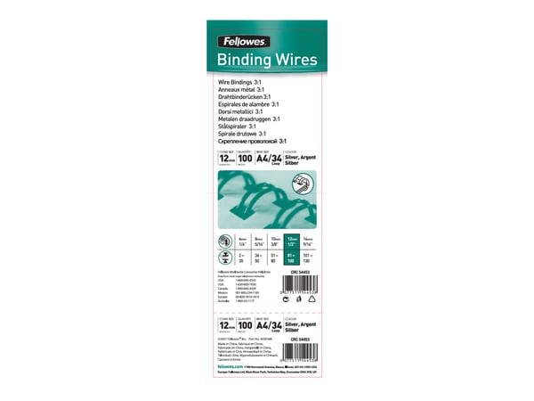 Fellowes - 12 mm - 34 ringer - A4 (210 x 297 mm) - 100 ark - sølv - 100 stk bindestreng - for Fellowes Galaxy E, Galaxy Wire, Quasar 130