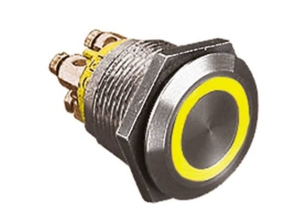 Bulgin MPI002/TERM/AM Kiinteä painonappi 24 V/DC 0,05 A 1 x Pois päältä/(Päälle) Keltainen (Ø x L) 22 mm x 31 mm IP66 1 kpl