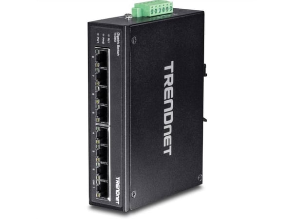 TRENDnet TI-G80 - Kytkin - hallitsematon - 8 x 100/1000/10000 - DIN-kiskoon asennettava, seinään asennettava - DC-virta - TAA-yhteensopiva
