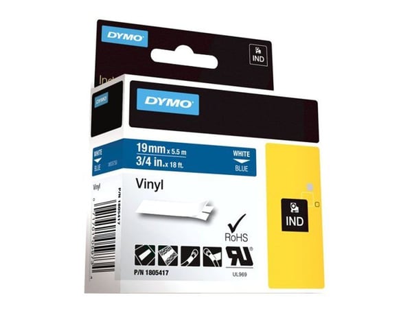 DYMO Rhino Coloured Vinyl - Vinyl - permanet adhesiv - hvitt på blått - Roll (1.9 cm x 5.5 m) 1 kassett(er) tape - for DYMO ILP219; Rhino 4200, 500...