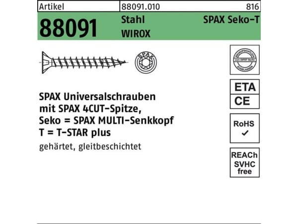 SPAX 1191010400205, Skru, Metall, Zink, Tre, Flathode, Torx, Metallisk