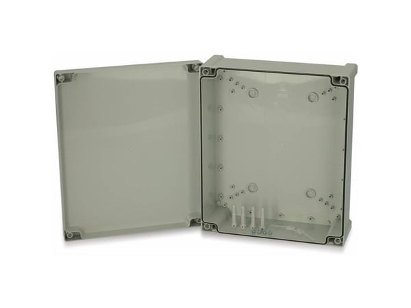 FIBOX Seinäkaappirasia ABS 344 x 289 x 117 mm harmaa RAL7035 harmaalla kannella IP65 halogeenivapaa tasaisella kannella tulostusta ja tarroja varten
