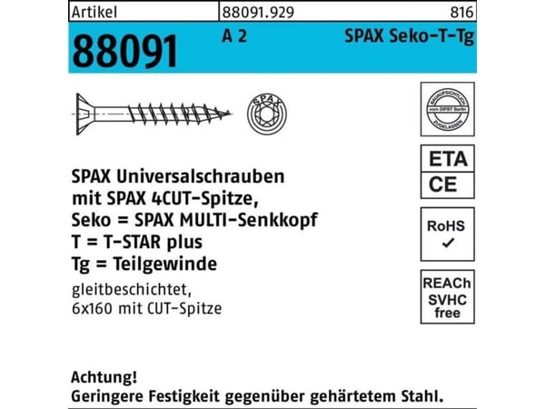 SPAX universalskruer T20 senkhode rustfritt stål A2 0197000500703 5 x 70 mm, 100 stk (0197000500703)