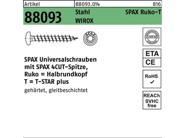 SPAX 0201010350255 Puuruuvi 3,5 mm 25 mm #####T-STAR plus Teräs #####WIROX 1000 kpl