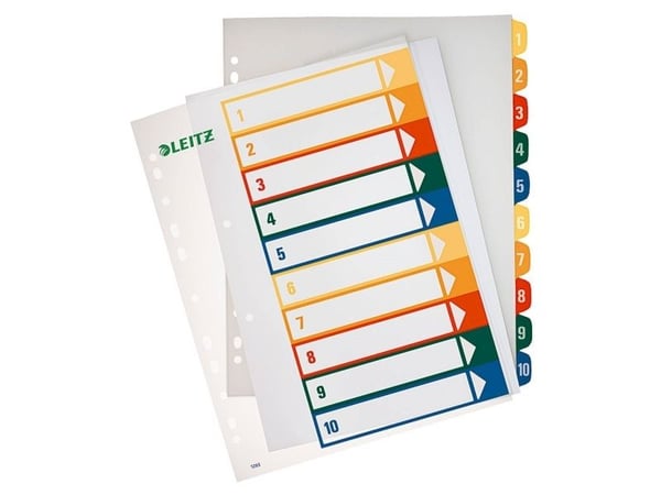 LEITZ plastregister tall, A4 overbredde, 1-10, pc-beskrivbart, transparent med fargede faner, PP, 10-delt (1293-00-00)