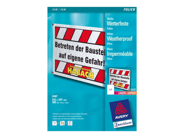 Avery Zweckform 3487 - 130 mikroner - hvit - A4 (210 x 297 mm) 100 ark film