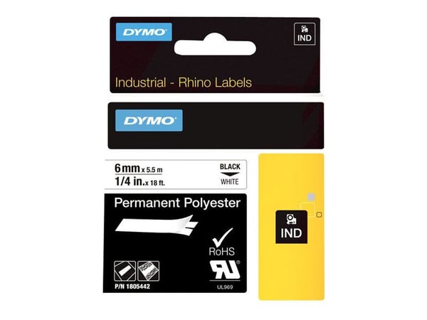 DYMO Rhino Permanent Polyester - Polyester - permanet adhesiv - svart på hvitt - Rull (0,6 cm x 5,5 m) 1 kassett(er) tape - for Rhino 6000, 6000 Ha...
