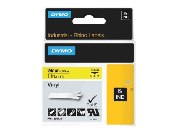 DYMO Rhino Coloured Vinyl - Vinyl - sort på gul - Rulle (2,54 cm x 5,5 m) 1 kassette(r) tape - for Rhino 6000, 6000 Hard Case Kit