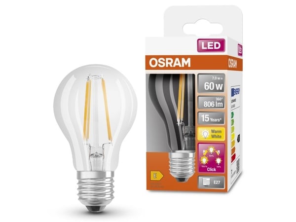 LEDVANCE OSRAM LED 3-trinns DIM standard glødetråd 806lm 6,5W/827 (60W) E27