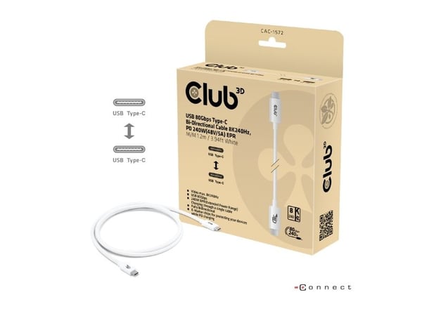 CLUB3D CAC-1572, 1,2 m, USB C, USB C, USB4 Gen 2x2, 80 Gbit/s, Valkoinen
