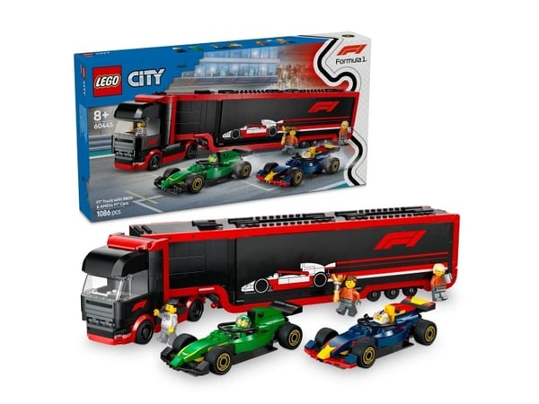 LEGO City 60445 F1 lastbil med RB20 & AMR24 F1 bilar