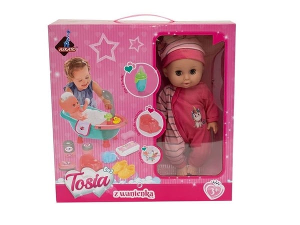 Askato dukke Tosia med badekar i rosa antrekk med tilbehør