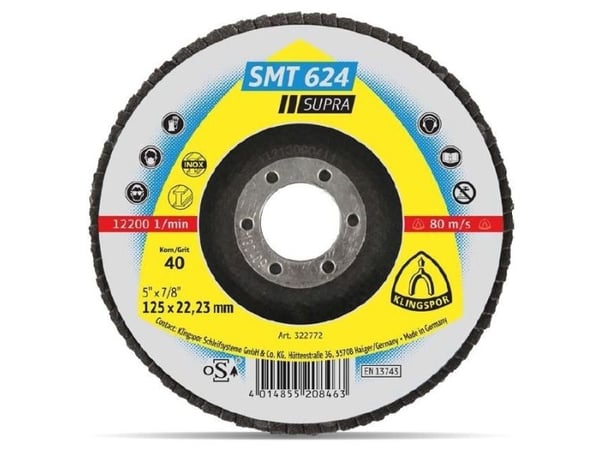 Klingspor 322775 SMT 624 lamellslipeskive Ø125 mm hull Ø22,23 mm korn 80 INOX for stål - 10 stk
