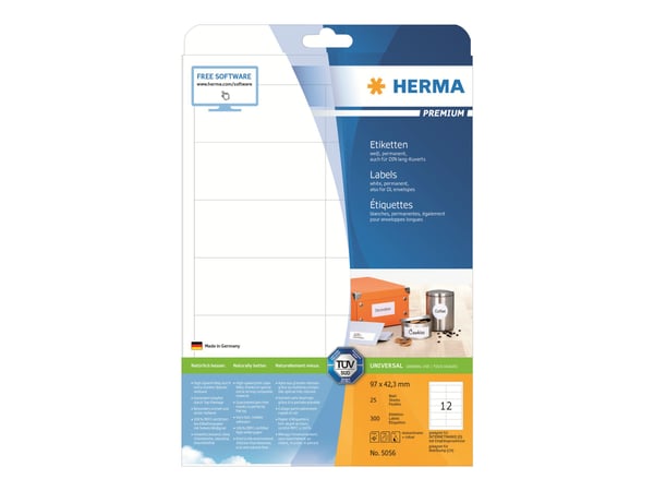 HERMA Premium - Papper - matt - permanent självhäftande - vit - 97 x 42.3 mm 300 etikett (er) (25 ark x 12) laminerade etiketter