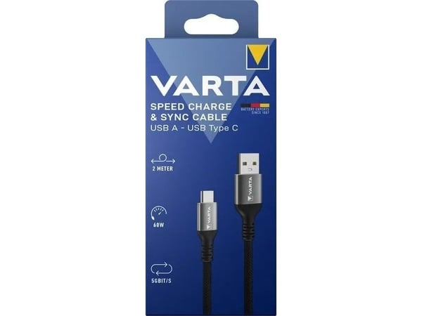 Varta 57935, 2 m, USB A, USB C, 5 Gbit/s, musta, Harmaa