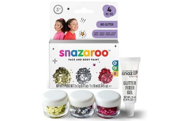 Sminkefarge BIO glitter 9g grov gull/sølv/rød+gel