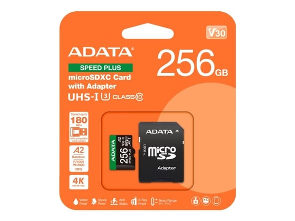 ADATA Speed Plus MicroSDXC 256 GB Klasse 3 UHS-I/U3 A2 V30-kort (UD256GUI3V30A2SP-RA1)