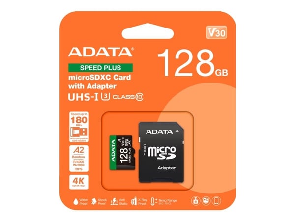 ADATA Speed Plus MicroSDXC-kort 128 GB Klasse 3 UHS-I/U3 A2 V30 (UD128GUI3V30A2SP-RA1)