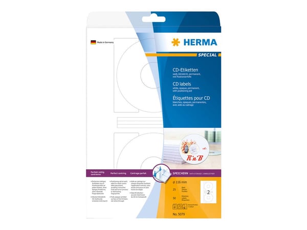 HERMA Spesial - Papir - matt - permanent selvklebende - hvit - 116 mm rund 50 etikett(er) (25 ark x 2) ugjennomsiktige CD/DVD-etiketter