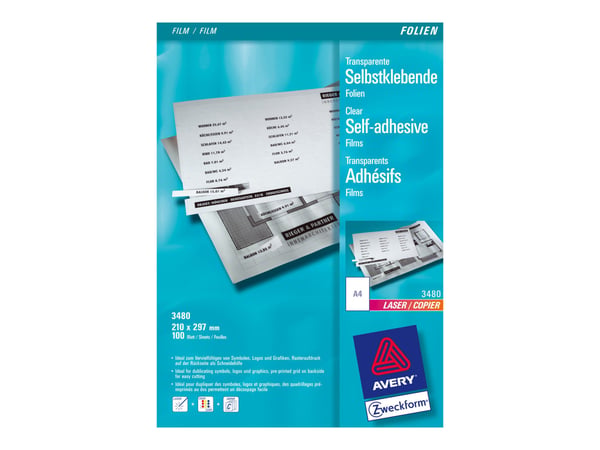 Avery Zweckform 3480 - Selv-adhesiv - 140 mikroner - mattransparent - A4 (210 x 297 mm) 100 ark film Avery Zweckform 3480 - Selv-adhesiv - 140 mikroner - mattransparent - A4 (210 x 297 mm) 100 ark film