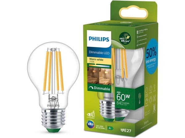 Philips Ultra-Efficient - LED-filamentlyspære - form: A60 - klar finish - E27 - 4 W (ekvivalent 60 W) - klasse A - varmt hvitt lys - 2700 K