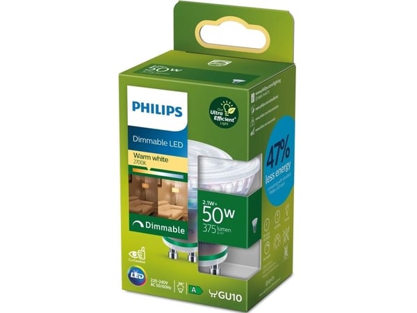 Philips - LED-pære for søkelys - form: PAR16 - klar finish - GU10 - 2.1 W (ekvivalent 50 W) - varmt hvitt lys - 2700 K