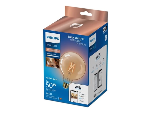 Philips Smart - LED-glödlampa med filament - form: G125 - E27 - 7 W (motsvarande 50 W) - klass F - varmt till kallt vitt ljus - 2000-5000 K - bärnsten